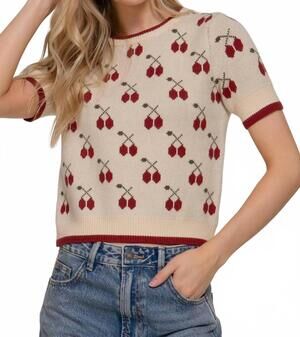 NEW ACTIVE BASIC short sleeve contrasting edge sweater in ivory/dark red